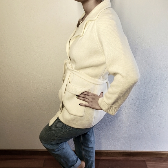 Vintage 70s Rochelle Ivory Belted Cardigan Grandpa Neutral - Picture 2 of 8